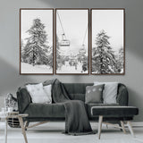 55003599-MGV-CV-36X24-Snowy Ski Lift Wall Art Canvas Print, Framed Winter Forest Art Picture Print, Ski lift Ride Perfect Winter Lodge Decor Artwork