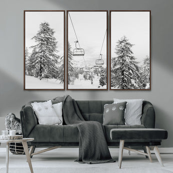 55003599-MGV-CV-36X24-Snowy Ski Lift Wall Art Canvas Print, Framed Winter Forest Art Picture Print, Ski lift Ride Perfect Winter Lodge Decor Artwork