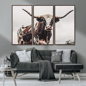95249234-MGV-CV-36X24-Texas Longhorn Wall Art Canvas Print, Framed Spotted Bull Art Picture Print, Horned Cattle Perfect Rustic Farmhouse Decor Artwork