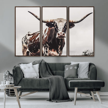 95249234-MGV-CV-36X24-Texas Longhorn Wall Art Canvas Print, Framed Spotted Bull Art Picture Print, Horned Cattle Perfect Rustic Farmhouse Decor Artwork