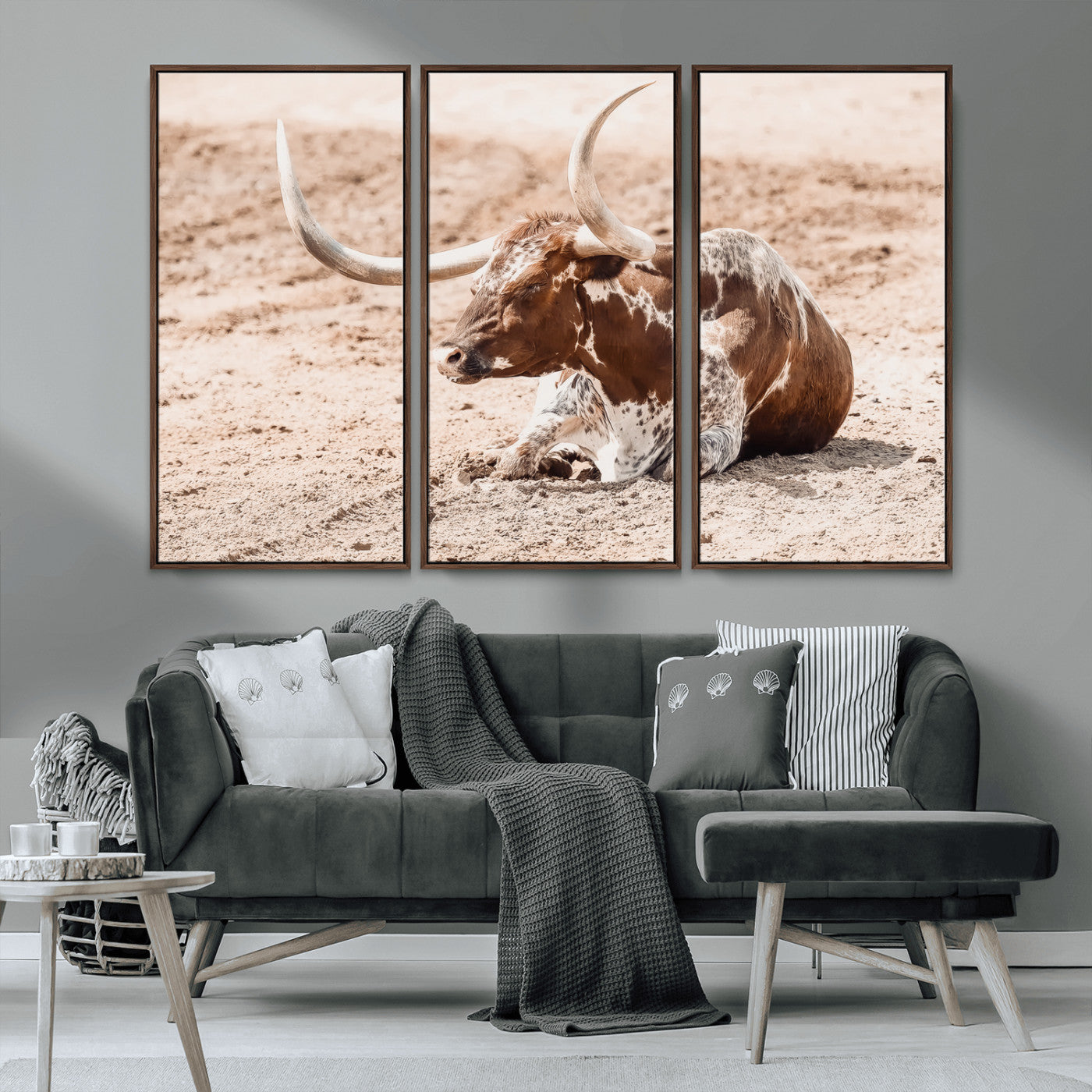 91248682-MGV-FC-48X32-3P_Walnut-Texas Longhorn Wall Art Canvas Print, Framed Resting Bull Art Picture Print, Spotted Cattle Perfect Rustic Western Decor Artwork