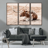 91248682-MGV-FC-48X32-3P_Walnut-Texas Longhorn Wall Art Canvas Print, Framed Resting Bull Art Picture Print, Spotted Cattle Perfect Rustic Western Decor Artwork