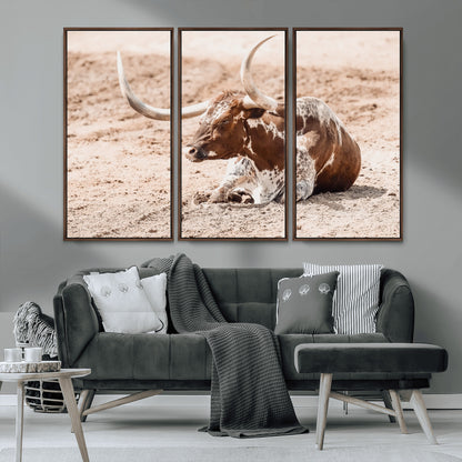 91248682-MGV-FC-48X32-3P_Walnut-Texas Longhorn Wall Art Canvas Print, Framed Resting Bull Art Picture Print, Spotted Cattle Perfect Rustic Western Decor Artwork