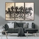 56089591-MGV-CV-36X24-Galloping Horses Wall Art Canvas Print, Framed Wild Stallions Art Picture Print, Horse Herd Sketch Perfect Monochrome Dynamic