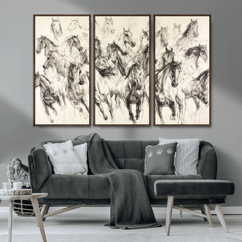 19433417-MGV-CV-36X24-Running Horses Wall Art Canvas Print, Framed Horse Sketch Art Picture Print, Galloping Herd Perfect Monochrome Western Decor