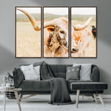 21060648-MGV-CV-36X24-Texas Longhorn Wall Art Canvas Print, Framed Speckled Cow Art Picture Print, Rustic Bull Perfect Rustic Western Decor Artwork