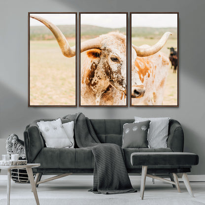 21060648-MGV-CV-36X24-Texas Longhorn Wall Art Canvas Print, Framed Speckled Cow Art Picture Print, Rustic Bull Perfect Rustic Western Decor Artwork
