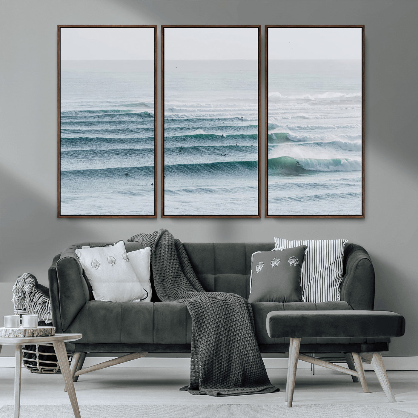 73969318-MGV-FC-48X32-3P_Walnut-Ocean Waves Wall Art Canvas Print, Framed Surfer Lineup Art Picture Print, Crowded Ocean Perfect Minimal Coastal Decor Artwork