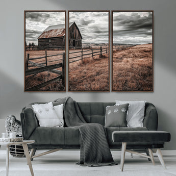 73898372-MGV-CV-36X24-Rustic Barn Wall Art Canvas Print, Framed Moody Field Art Picture Print, Weathered Fence Perfect Moody Farmhouse Decor Artwork
