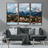 36247746-MGV-CV-36X24-Snowy Peaks Wall Art Canvas Print, Framed Alpine Lake Art Picture Print, Pine Forest Perfect Alpine Wilderness Decor Artwork