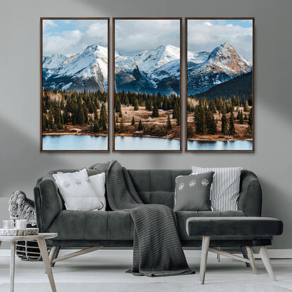 36247746-MGV-CV-36X24-Snowy Peaks Wall Art Canvas Print, Framed Alpine Lake Art Picture Print, Pine Forest Perfect Alpine Wilderness Decor Artwork