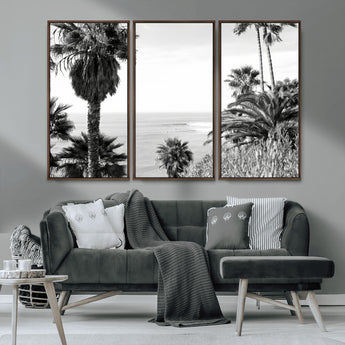 89458520-MGV-CV-36X24-Palm Trees Wall Art Canvas Print, Framed Coastal View Art Picture Print, Ocean Horizon Perfect Monochrome Coast Decor Artwork