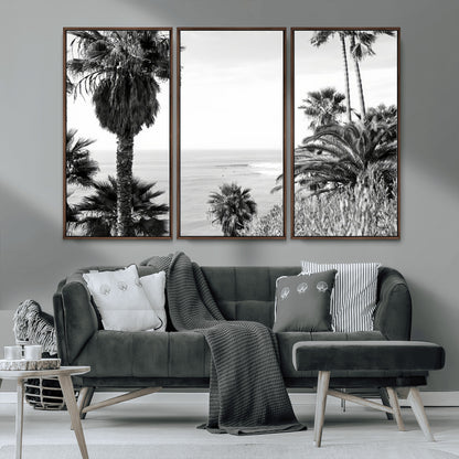 89458520-MGV-CV-36X24-Palm Trees Wall Art Canvas Print, Framed Coastal View Art Picture Print, Ocean Horizon Perfect Monochrome Coast Decor Artwork