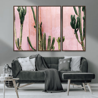 93119502-MGV-CV-36X24-Tall Cactus Wall Art Canvas Print, Framed Pink Wall Art Picture Print, Cactus Lines Perfect Modern Desert Decor Artwork