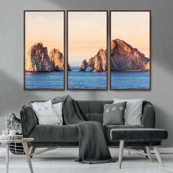 72996116-MGV-CV-36X24-El Arco Wall Art Canvas Print, Framed Cabo Rocks Art Picture Print, Ocean Arch Perfect Golden Coastal Landmark Decor Artwork