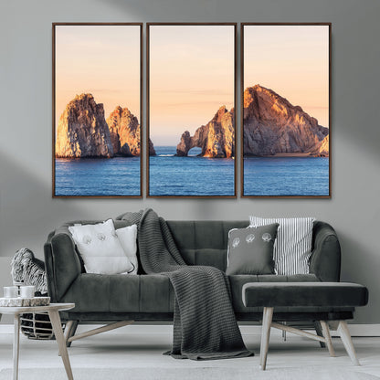 72996116-MGV-CV-36X24-El Arco Wall Art Canvas Print, Framed Cabo Rocks Art Picture Print, Ocean Arch Perfect Golden Coastal Landmark Decor Artwork