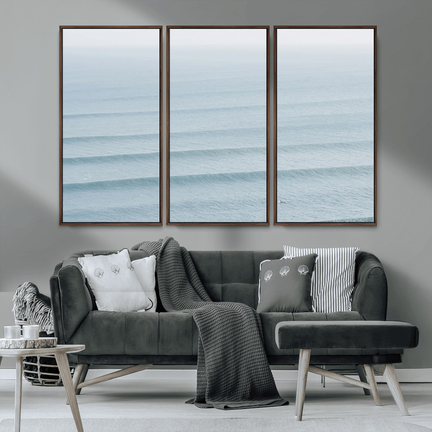 47814787-MGV-CV-36X24-Ocean Waves Wall Art Canvas Print, Framed Solo Surfer Art Picture Print, Wave Lines Perfect Minimalist Ocean Decor Artwork
