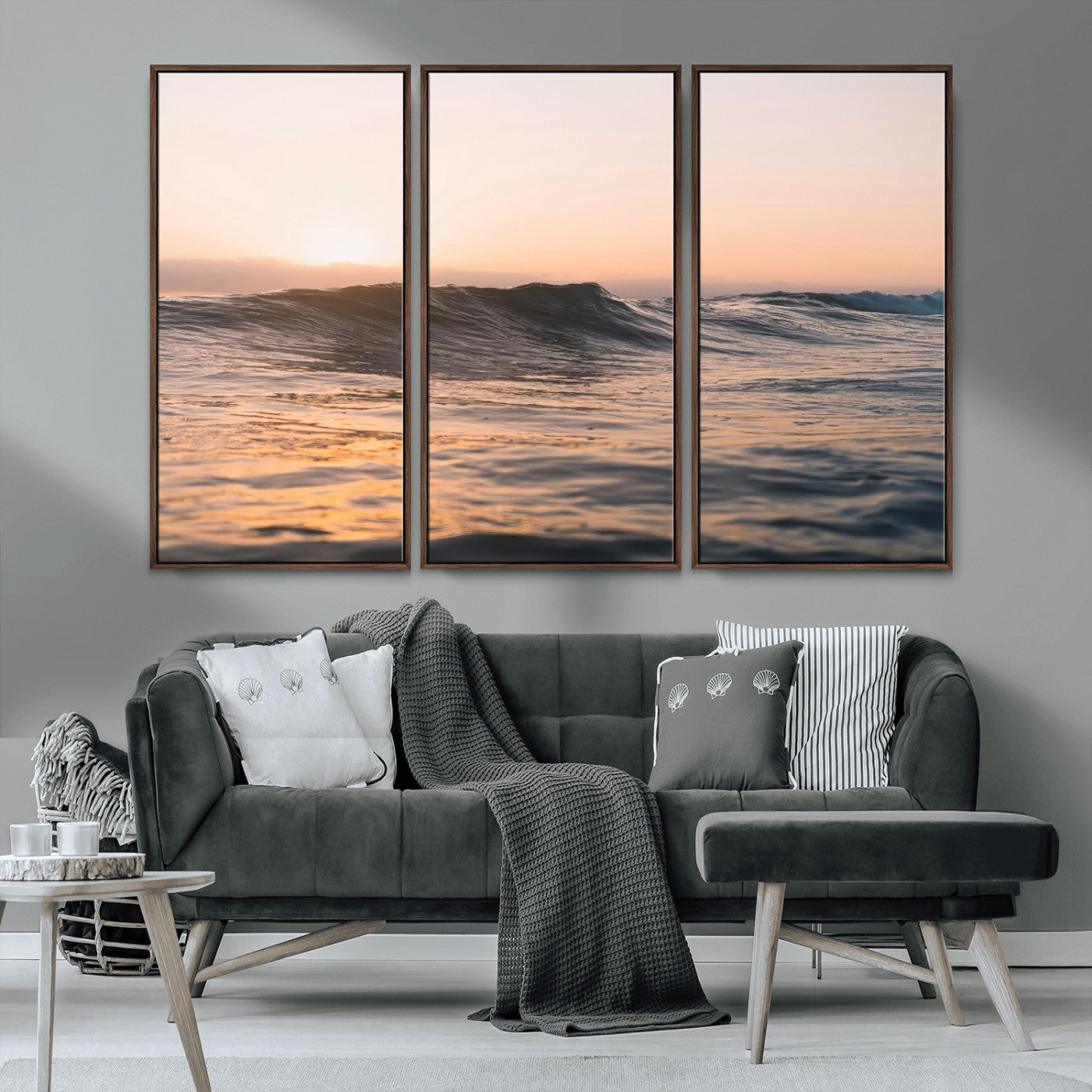46299358-MGV-CV-36X24-Sunset Waves Wall Art Canvas Print, Framed Ocean Horizon Art Picture Print, Golden Water Perfect Golden Hour Coastal Decor Artwork