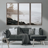 62501405-MGV-CV-36X24-Misty Beach Wall Art Canvas Print, Framed California Surfer Art Picture Print, Coastal Cliff Perfect Coastal Beach Decor Artwork