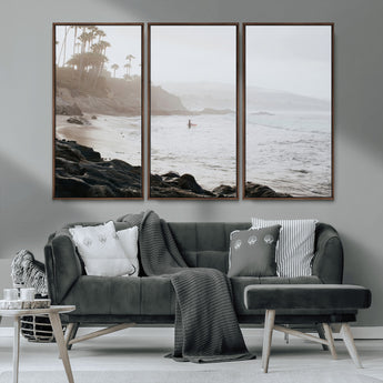 62501405-MGV-CV-36X24-Misty Beach Wall Art Canvas Print, Framed California Surfer Art Picture Print, Coastal Cliff Perfect Coastal Beach Decor Artwork