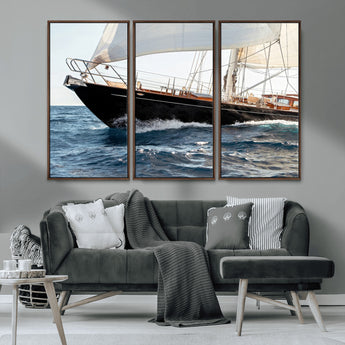 97168626-MGV-CV-36X24-Sailing Yacht Wall Art Canvas Print, Framed Wooden Yacht Art Picture Print, Ocean Waves Perfect Nautical Coastal Decor Artwork
