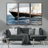 97168626-MGV-FC-48X32-3P_Walnut-Sailing Yacht Wall Art Canvas Print, Framed Wooden Yacht Art Picture Print, Ocean Waves Perfect Nautical Coastal Decor Artwork