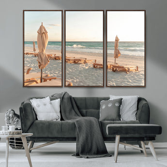 58507949-MGV-CV-36X24-Beach Umbrellas Wall Art Canvas Print, Framed Empty Loungers Art Picture Print, Soft Sand Perfect Minimalist Seaside Decor Artwork
