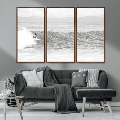 81535128-MGV-CV-36X24-Surfer Woman Wall Art Canvas Print, Framed Black Ocean Art Picture Print, Ocean Surfing Perfect Monochrome Coastal Decor Artwork