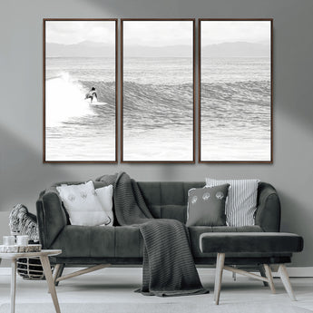 81535128-MGV-CV-36X24-Surfer Woman Wall Art Canvas Print, Framed Black Ocean Art Picture Print, Ocean Surfing Perfect Monochrome Coastal Decor Artwork