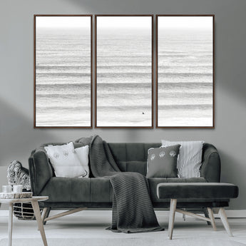 66534476-MGV-FC-48X32-3P_Walnut-Lone Surfer Wall Art Canvas Print, Framed Ocean Waves Art Picture Print, Minimal Sea Perfect Minimal Coastal Decor Artwork