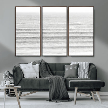 66534476-MGV-FC-48X32-3P_Walnut-Lone Surfer Wall Art Canvas Print, Framed Ocean Waves Art Picture Print, Minimal Sea Perfect Minimal Coastal Decor Artwork