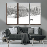 68081143-MGV-FC-48X32-3P_Walnut-Snowy Bison Wall Art Canvas Print, Framed Winter Forest Art Picture Print, Lone Bison Perfect Monochrome Winter Wild Decor Artwork