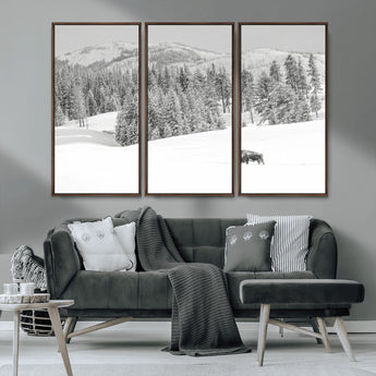 68081143-MGV-FC-48X32-3P_Walnut-Snowy Bison Wall Art Canvas Print, Framed Winter Forest Art Picture Print, Lone Bison Perfect Monochrome Winter Wild Decor Artwork
