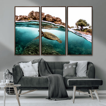 44200301-MGV-CV-36X24-Sea Turtle Swim Wall Art Canvas Print, Framed Ocean Life Art Picture Print, Tropical Shoreline Perfect Tropical Coastal Decor
