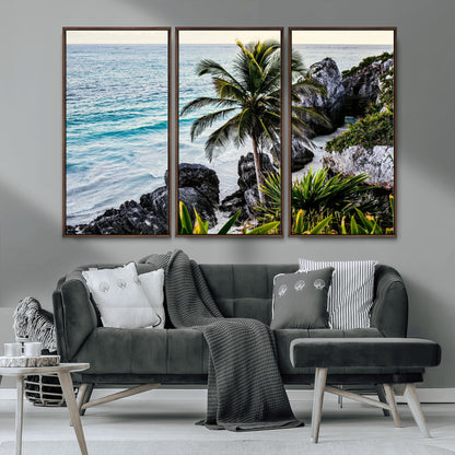 94669907-MGV-CV-36X24-Tropical Coastline Wall Art Canvas Print, Framed Palm Tree Art Picture Print, Rocky Beach Perfect Tropical Coastal Decor Artwork
