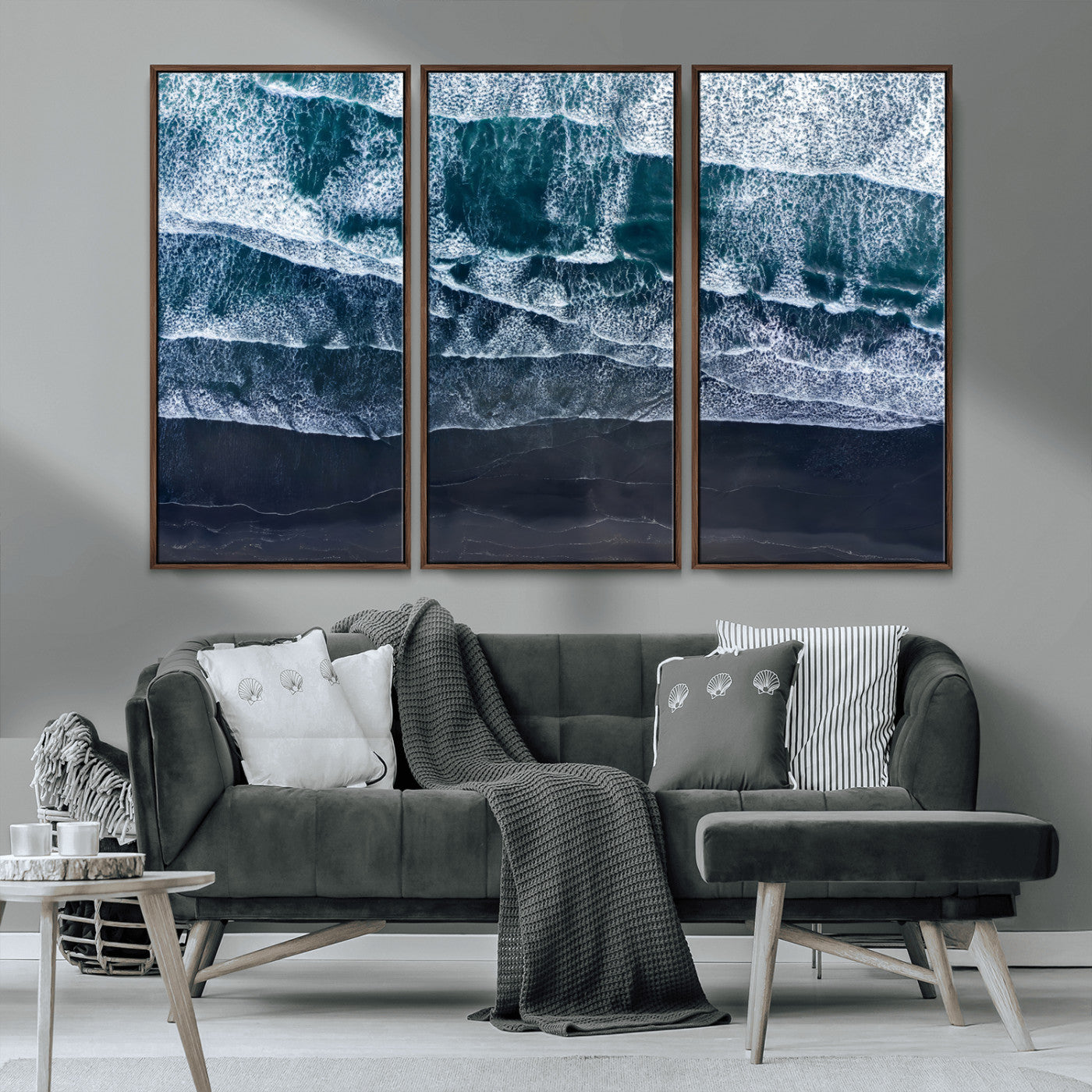 87941475-MGV-CV-36X24-Black Beach Wall Art Canvas Print, Framed Aerial Ocean Art Picture Print, Moody Coastal Perfect Modern Coastal Decor Artwork