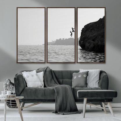 52284302-MGV-FC-48X32-3P_Walnut-Cliff Jumping Wall Art Canvas Print, Framed Ocean Adventure Art Picture Print, Black White Coast Perfect Modern Coastal Decor