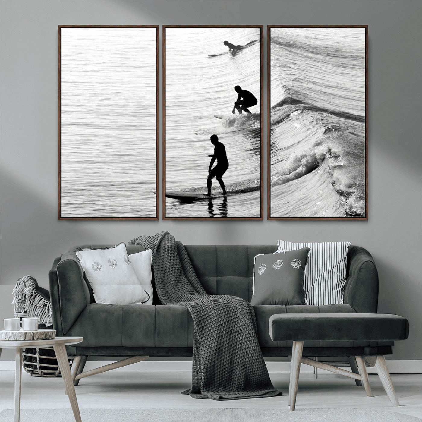 19875284-MGV-FC-48X32-3P_Walnut-Surfer Waves Wall Art Canvas Print, Framed Black White Surf Art Picture Print, Monochrome Ocean Perfect Modern Coastal Decor