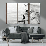 19875284-MGV-FC-48X32-3P_Walnut-Surfer Waves Wall Art Canvas Print, Framed Black White Surf Art Picture Print, Monochrome Ocean Perfect Modern Coastal Decor