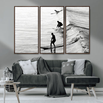 19875284-MGV-FC-48X32-3P_Walnut-Surfer Waves Wall Art Canvas Print, Framed Black White Surf Art Picture Print, Monochrome Ocean Perfect Modern Coastal Decor
