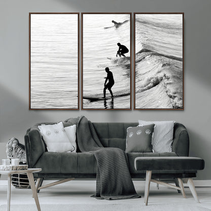 19875284-MGV-FC-48X32-3P_Walnut-Surfer Waves Wall Art Canvas Print, Framed Black White Surf Art Picture Print, Monochrome Ocean Perfect Modern Coastal Decor