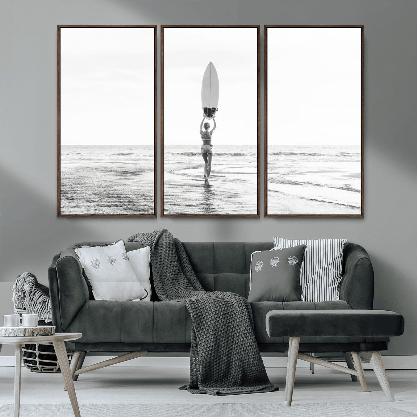 98446901-MGV-CV-36X24-Monochrome Surf Wall Art Canvas Print, Framed Minimalist Surfer Art Picture Print, Surfboard Silhouette Perfect Coastal Minimalist