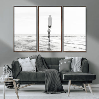 98446901-MGV-CV-36X24-Monochrome Surf Wall Art Canvas Print, Framed Minimalist Surfer Art Picture Print, Surfboard Silhouette Perfect Coastal Minimalist
