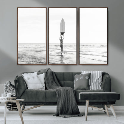 98446901-MGV-CV-36X24-Monochrome Surf Wall Art Canvas Print, Framed Minimalist Surfer Art Picture Print, Surfboard Silhouette Perfect Coastal Minimalist