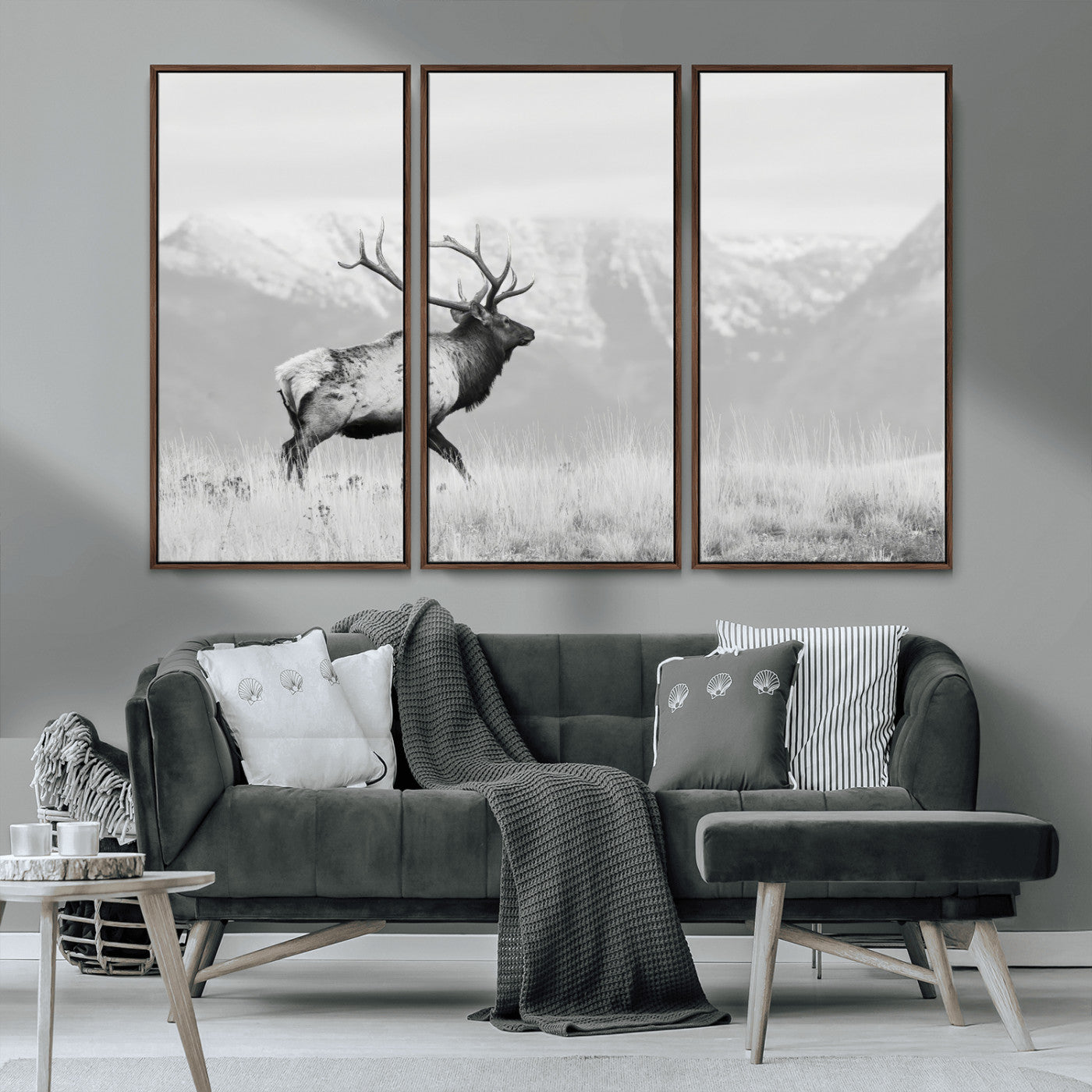 62278753-MGV-CV-36X24-Monochrome Elk Wall Art Canvas Print, Framed Mountain Wildlife Art Picture Print, Rustic Nature Perfect Rustic Minimalist Decor