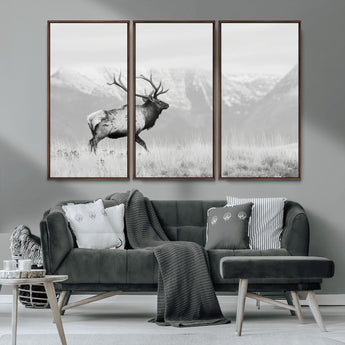 62278753-MGV-CV-36X24-Monochrome Elk Wall Art Canvas Print, Framed Mountain Wildlife Art Picture Print, Rustic Nature Perfect Rustic Minimalist Decor