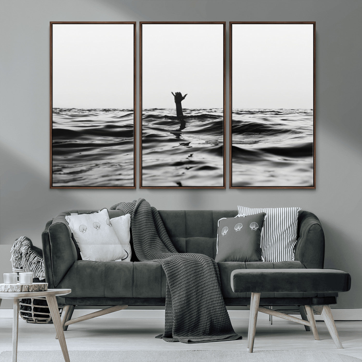 69541918-MGV-CV-36X24-Black White Ocean Wall Art Canvas Print, Framed Moody Seascape Art Picture Print, Surfer Sign Perfect Moody Minimalist Decor