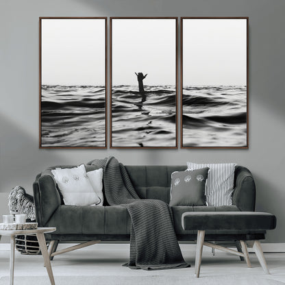 69541918-MGV-CV-36X24-Black White Ocean Wall Art Canvas Print, Framed Moody Seascape Art Picture Print, Surfer Sign Perfect Moody Minimalist Decor