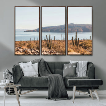 45193515-MGV-CV-36X24-Desert Cactus Wall Art Canvas Print, Framed Baja Coastline Art Picture Print, Coastal Desert Perfect Southwestern Minimalist Decor