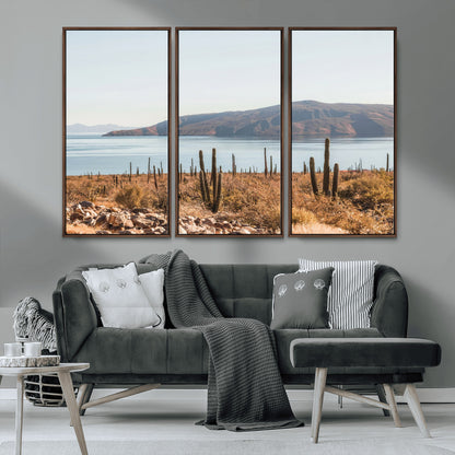 45193515-MGV-CV-36X24-Desert Cactus Wall Art Canvas Print, Framed Baja Coastline Art Picture Print, Coastal Desert Perfect Southwestern Minimalist Decor